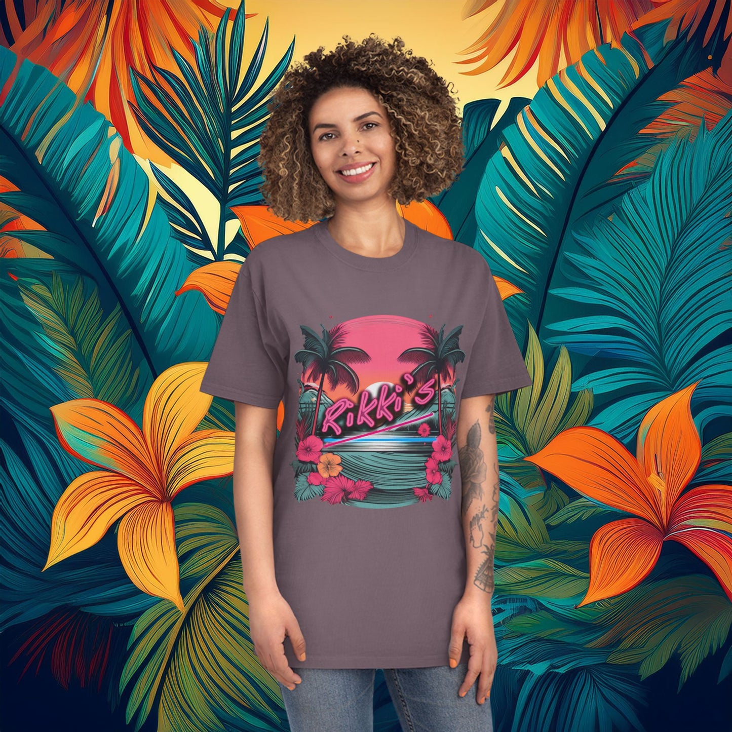 T-Shirt - Rikki's Cafe Logo Floral Tropical Vibe Unisex Faded Shirt