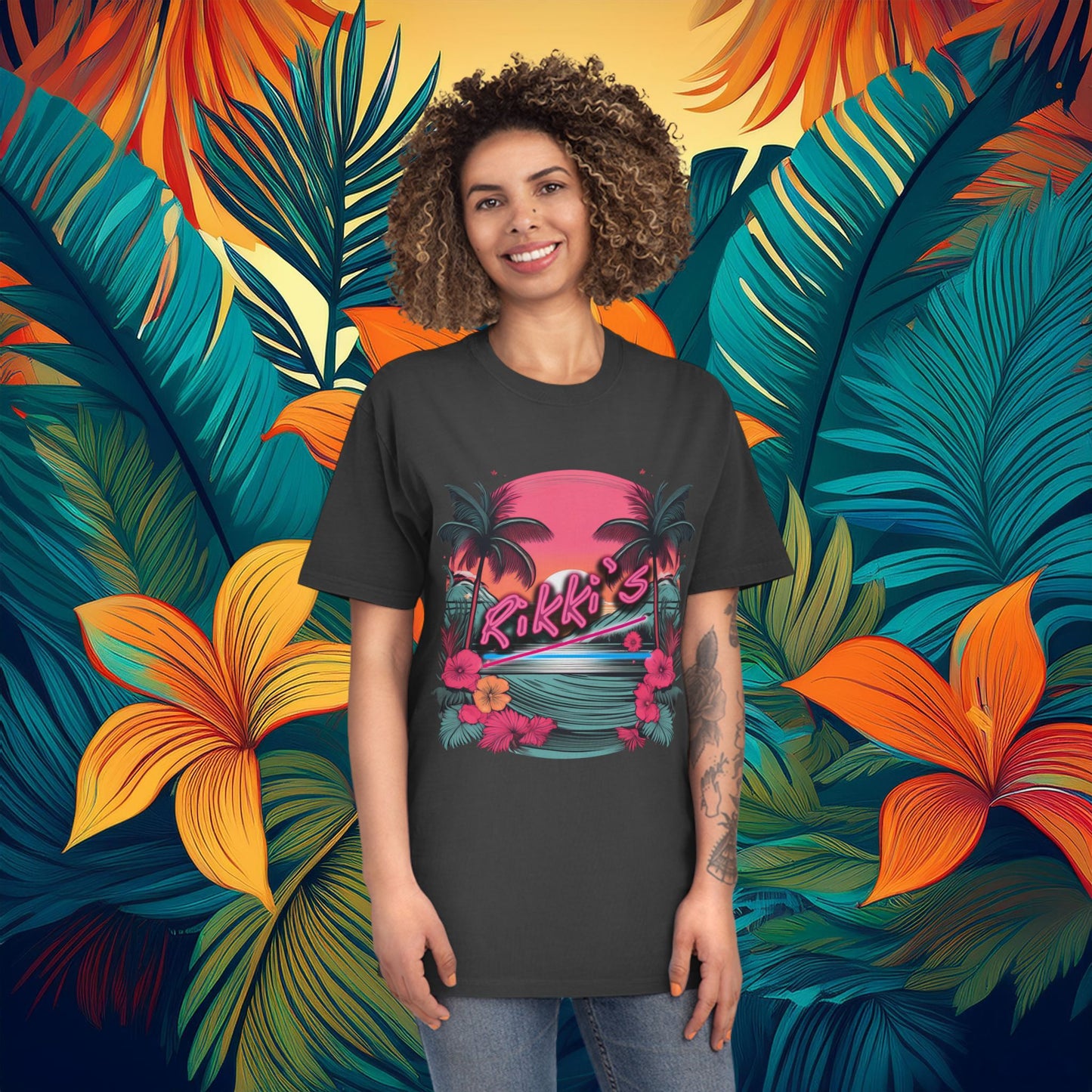 T-Shirt - Rikki's Cafe Logo Floral Tropical Vibe Unisex Faded Shirt