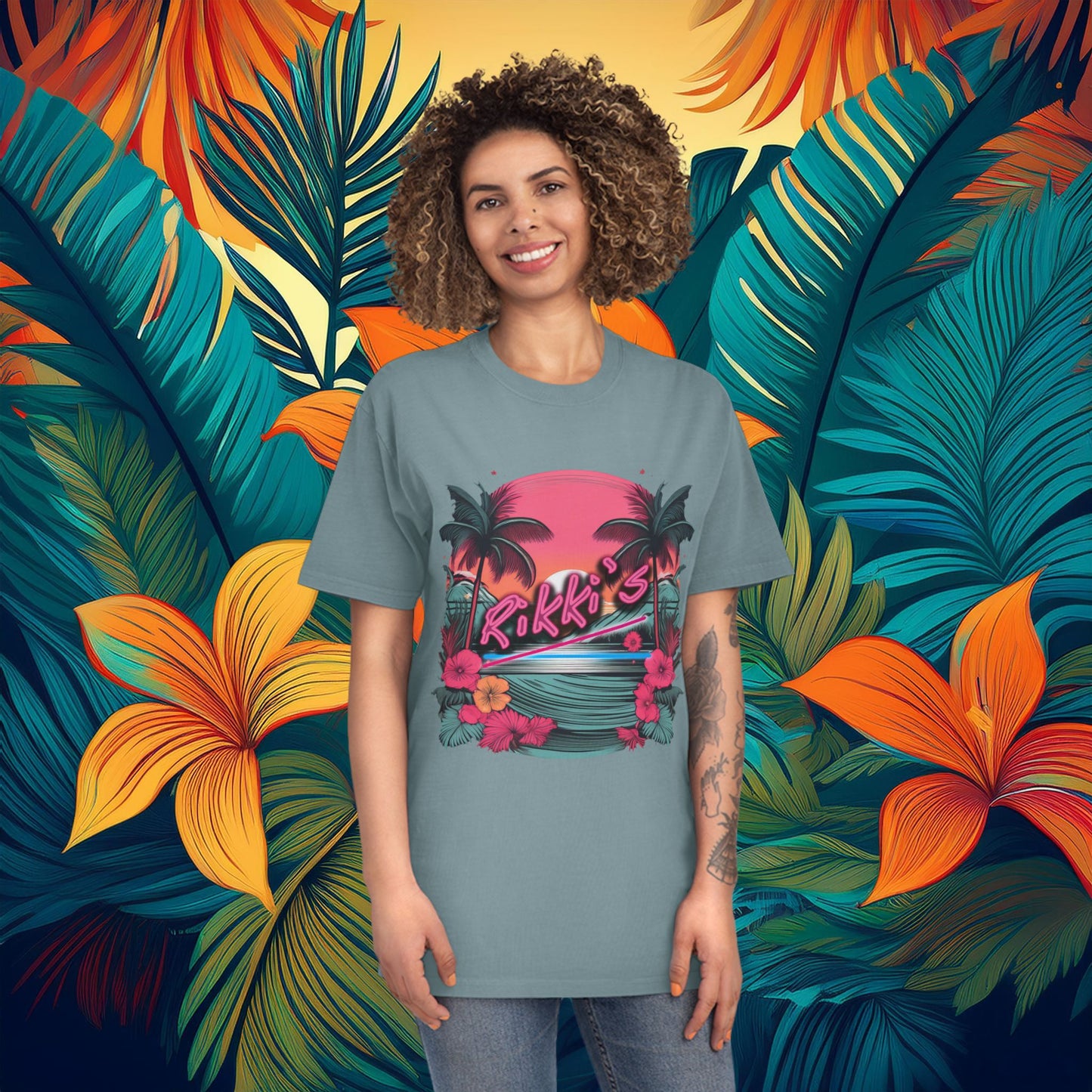 T-Shirt - Rikki's Cafe Logo Floral Tropical Vibe Unisex Faded Shirt